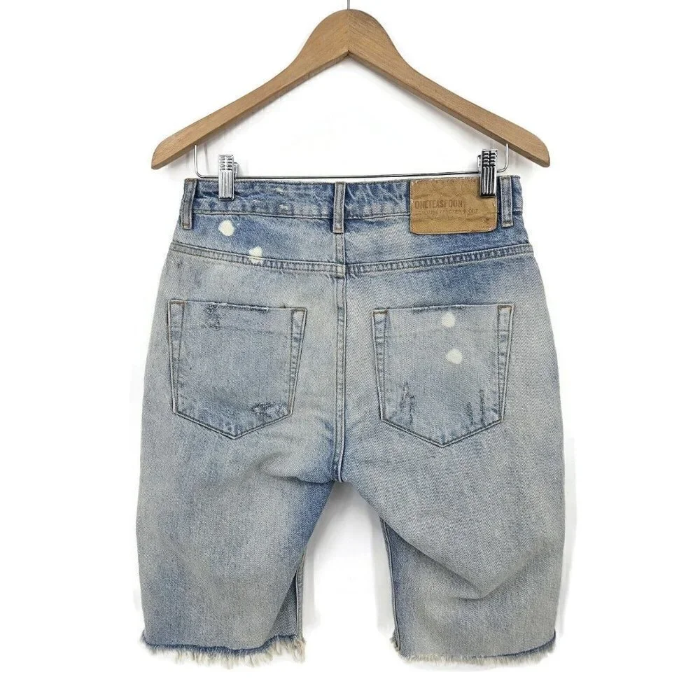 New One Teaspoon Denim Trucker Shorts Womens 26 Blue Long Line Destroyed Jeans